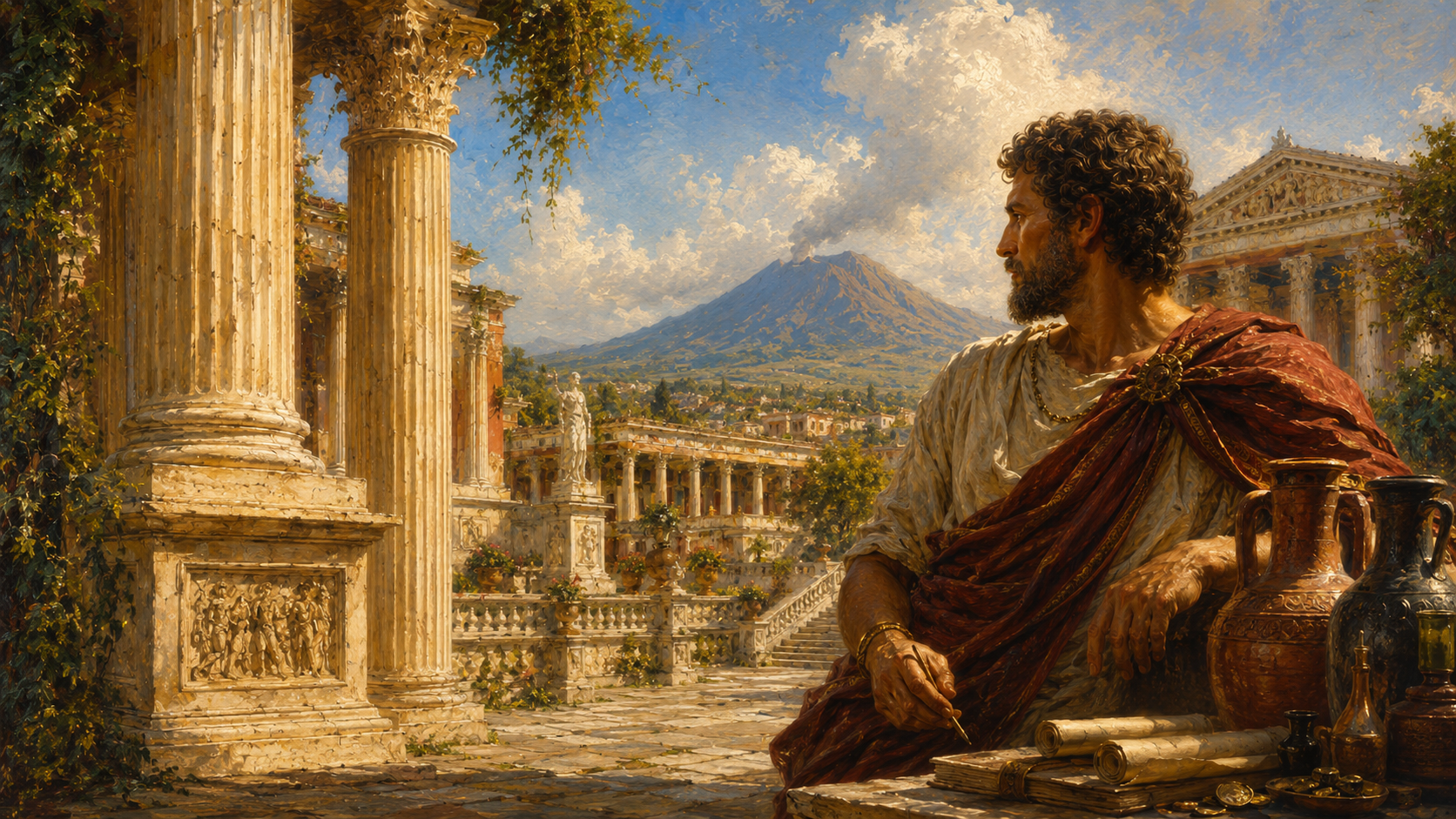 Aulus overlooking Pompeii with Vesuvius in the distance